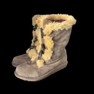 Earth Spirit Brown Suede Leather Boots Size 6 Faux Fur Trim
